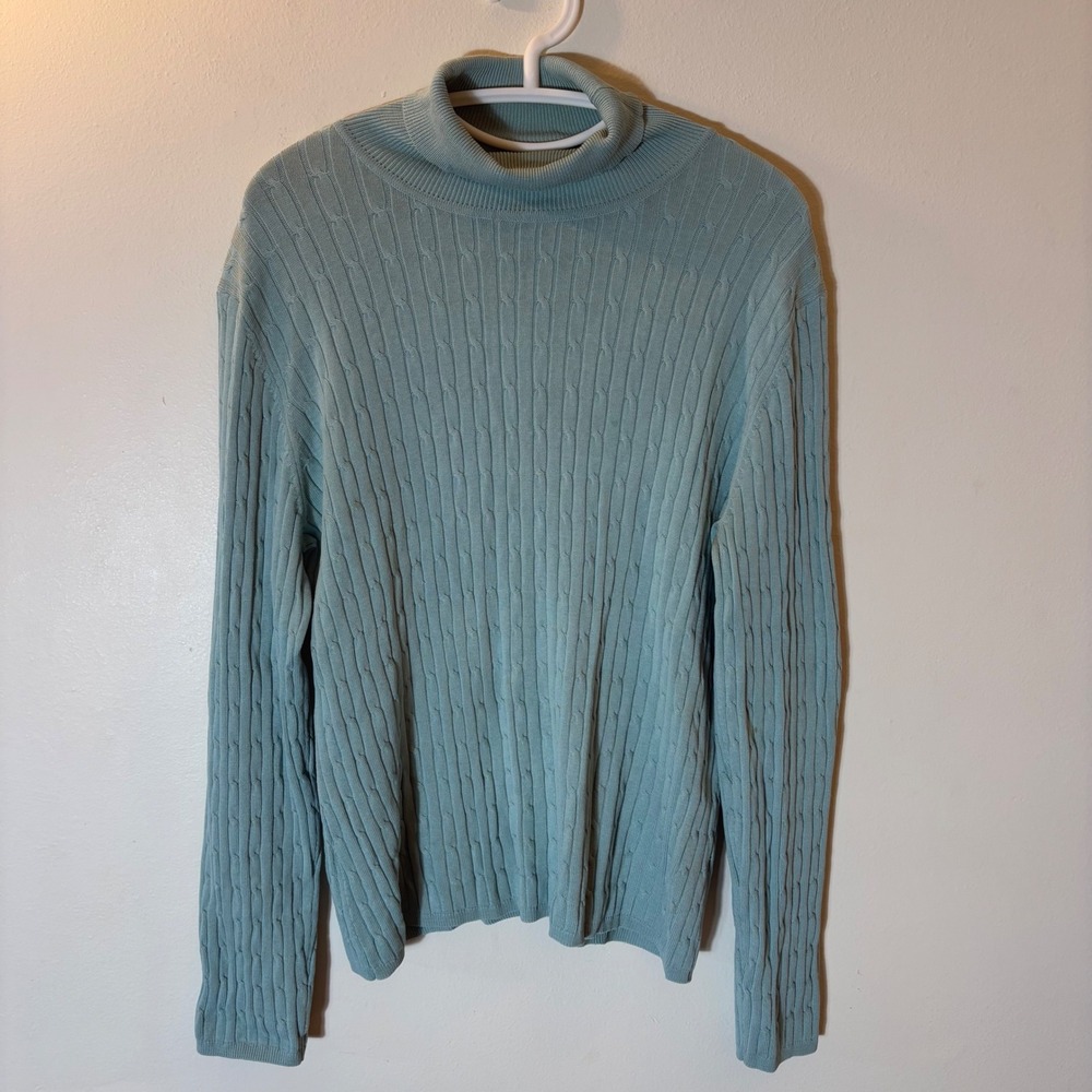 Peck & Peck Turtleneck Sweater Womens Large Blue Silk Blend Cable Knit‎